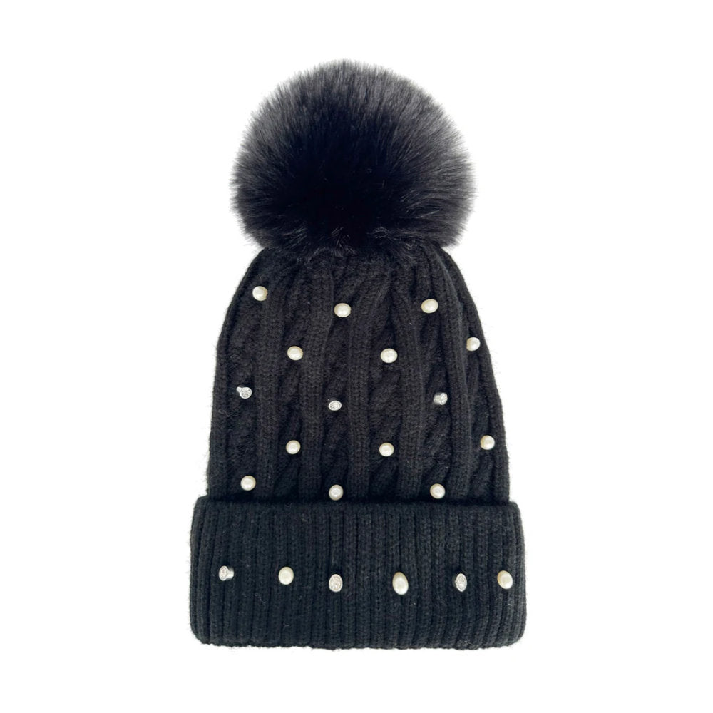 A&B Fashion HT2411-086 Knitted Beanie Pom Pom Hat with Pearls Detail - Black