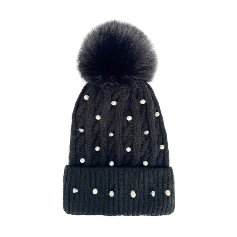 A&B Fashion HT2411-086 Knitted Beanie Pom Pom Hat with Pearls Detail - Black