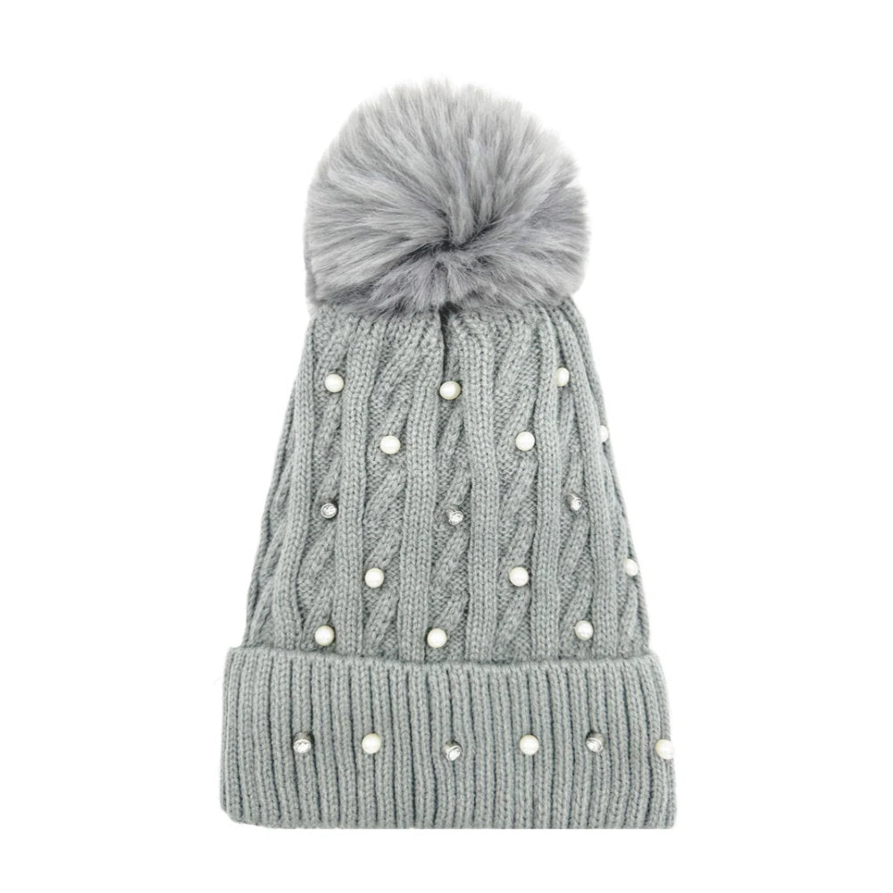 A&B Fashion HT2411-086 Knitted Beanie Pom Pom Hat with Pearls Detail - Grey