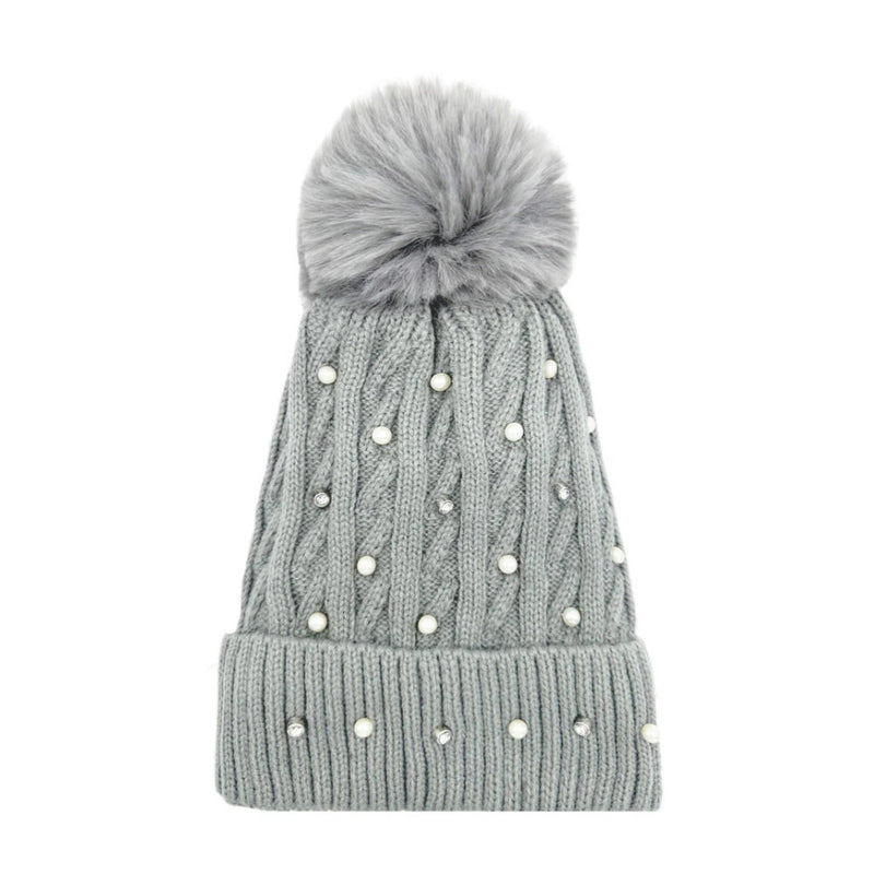 A&B Fashion HT2411-086 Knitted Beanie Pom Pom Hat with Pearls Detail - Grey