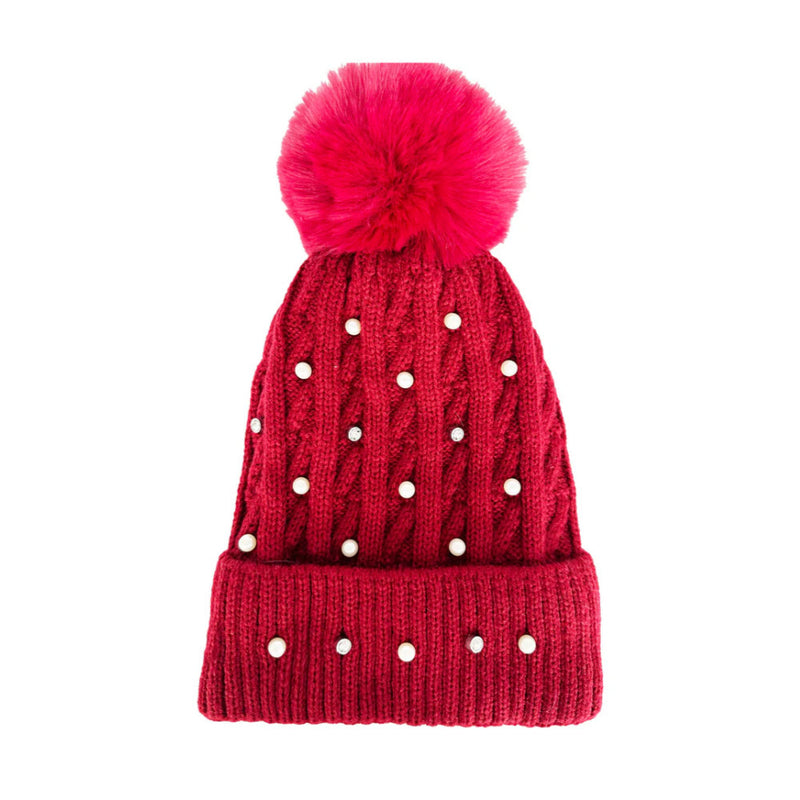 A&B Fashion HT2411-086 Knitted Beanie Pom Pom Hat with Pearls Detail - Maroon