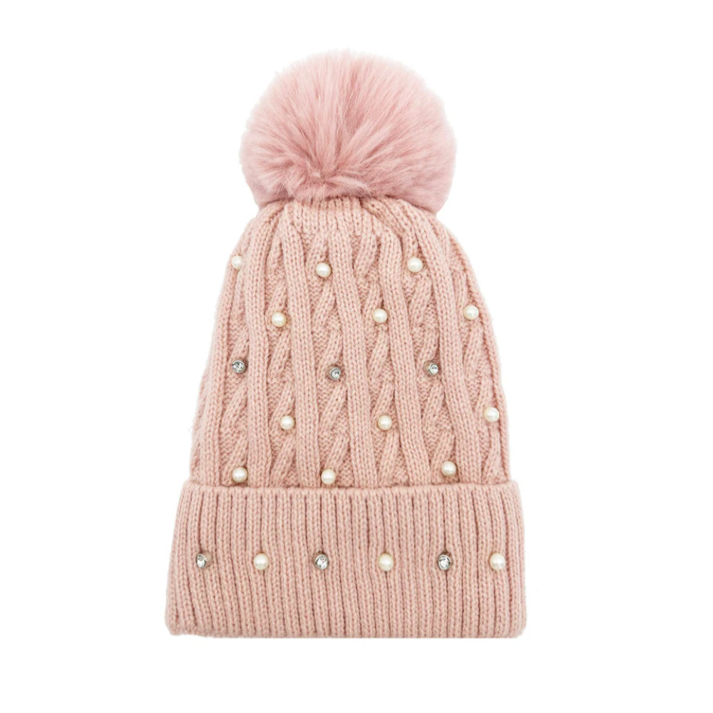 A&B Fashion HT2411-086 Knitted Beanie Pom Pom Hat with Pearls Detail - Pink