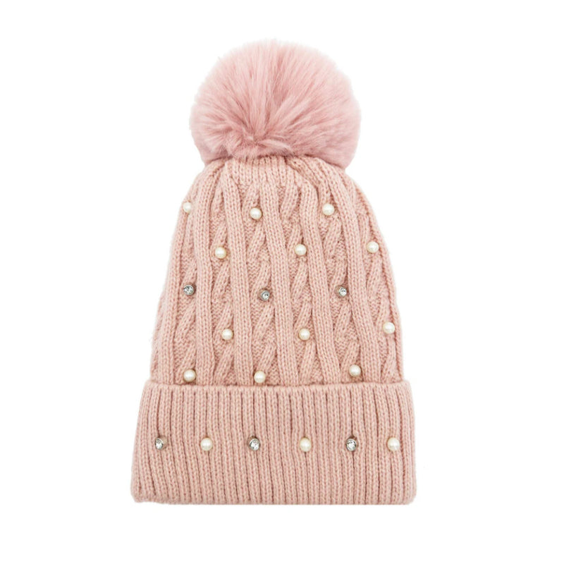 A&B Fashion HT2411-086 Knitted Beanie Pom Pom Hat with Pearls Detail - Pink