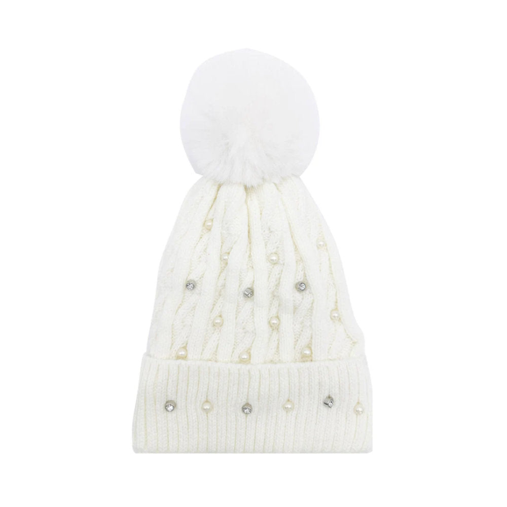 A&B Fashion HT2411-086 Knitted Beanie Pom Pom Hat with Pearls Detail - White