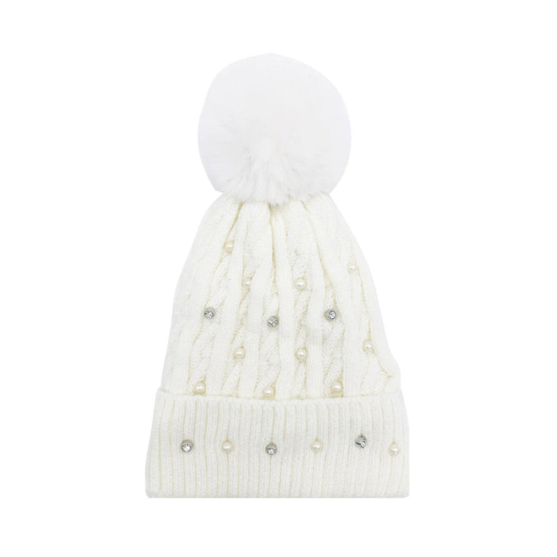 A&B Fashion HT2411-086 Knitted Beanie Pom Pom Hat with Pearls Detail - White