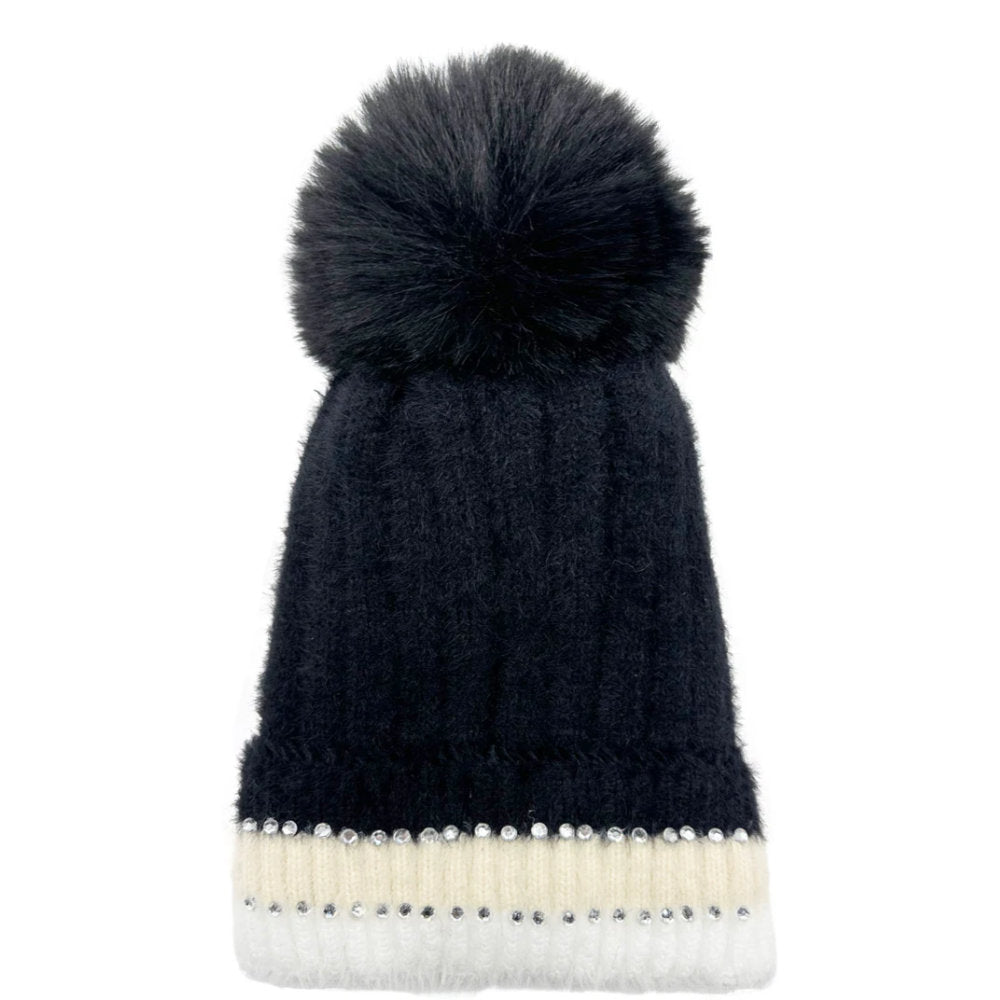 AB Fashion HT2411-090 Beanie Pom Pom Hat with Colourful Cuff - Black