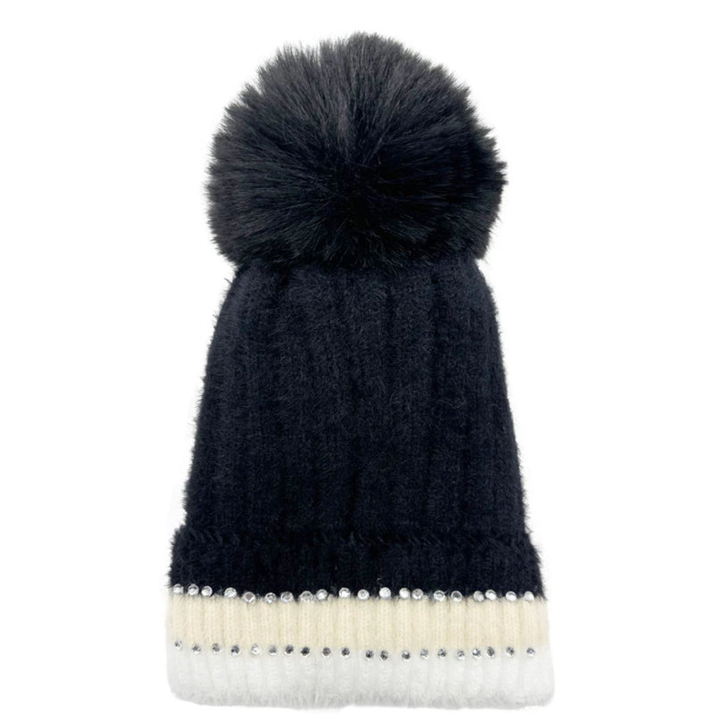 AB Fashion HT2411-090 Beanie Pom Pom Hat with Colourful Cuff - Black