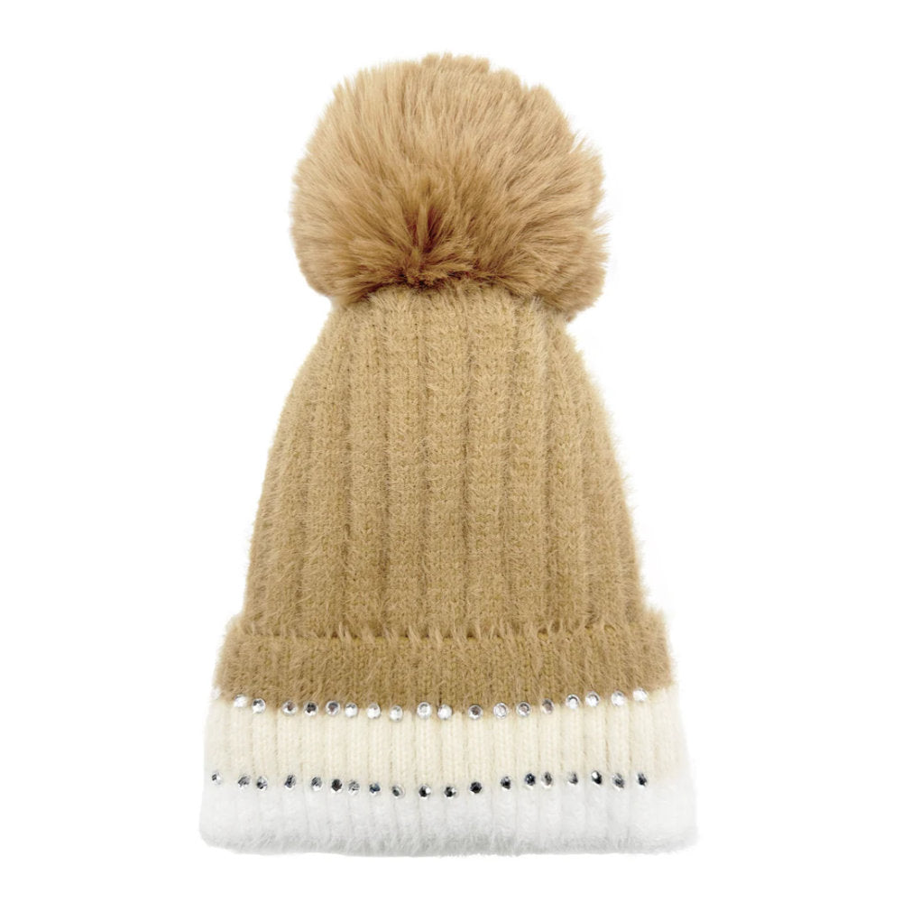 A&B Fashion HT2411-090 Beanie Pom Pom Hat with Colourful Cuff - Brown