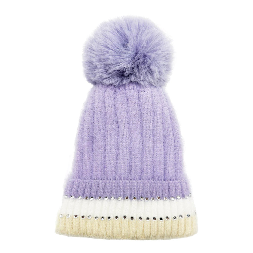 A&B Fashion HT2411-090 Beanie Pom Pom Hat with Colourful Cuff - Lilac