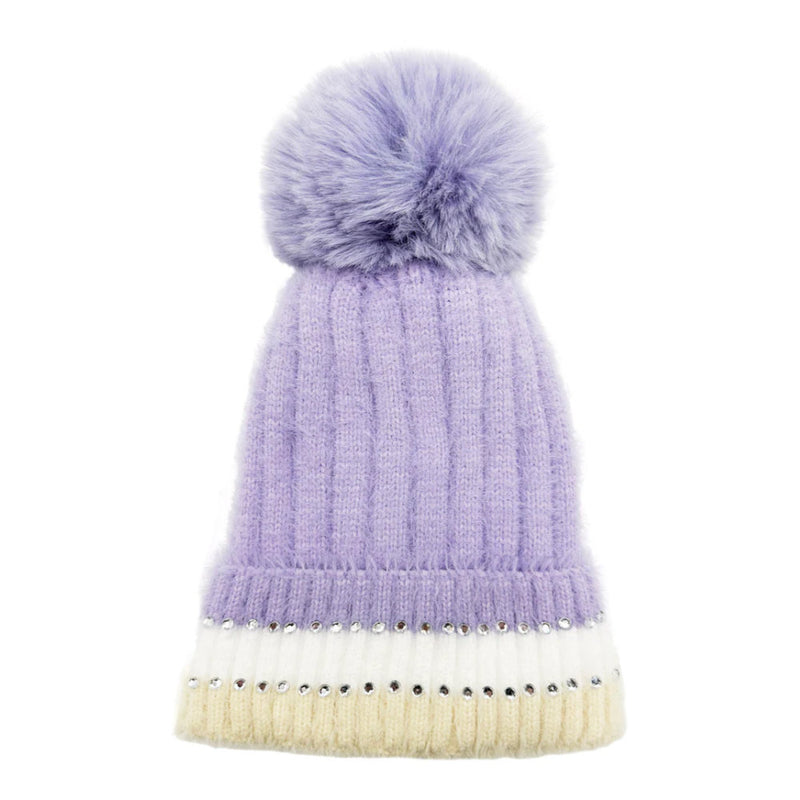 A&B Fashion HT2411-090 Beanie Pom Pom Hat with Colourful Cuff - Lilac