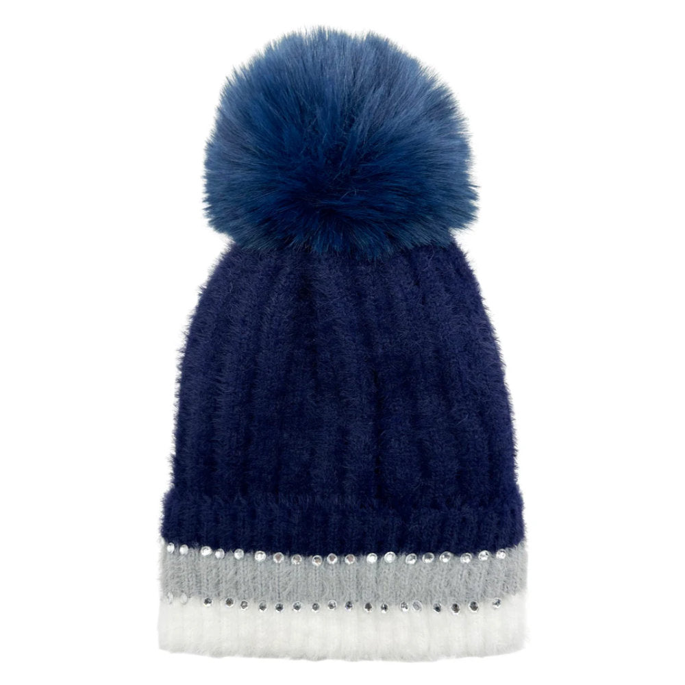 A&B Fashion HT2411-090 Beanie Pom Pom Hat with Colourful Cuff - Navy