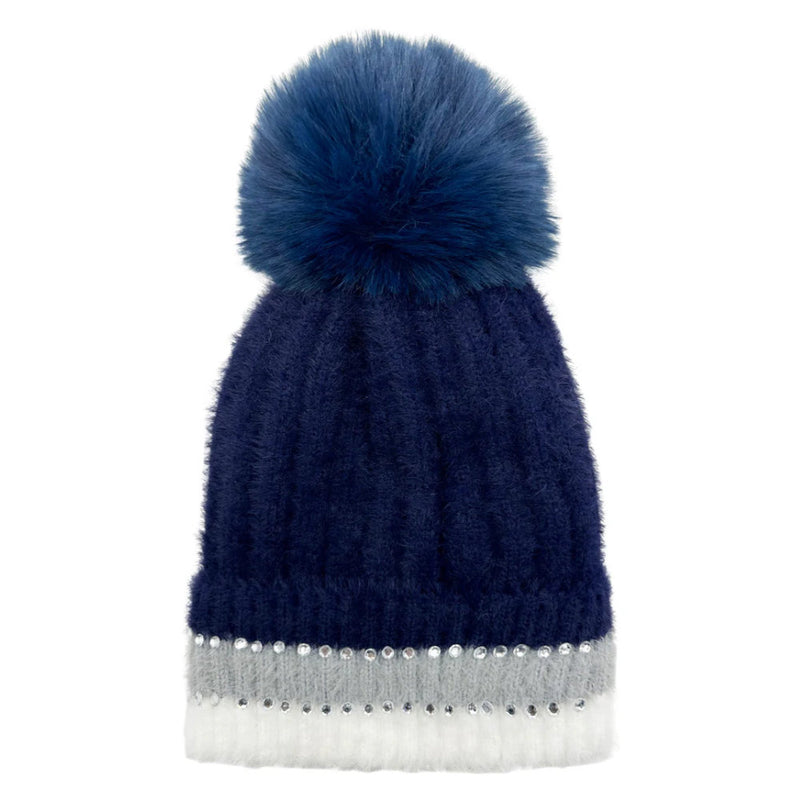 A&B Fashion HT2411-090 Beanie Pom Pom Hat with Colourful Cuff - Navy