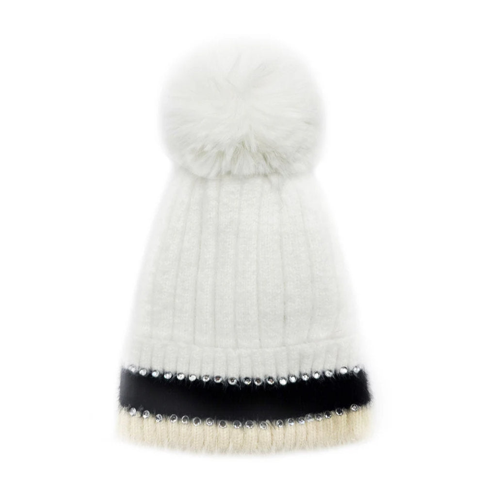 A&B Fashion HT2411-090 Beanie Pom Pom Hat with Colourful Cuff - White