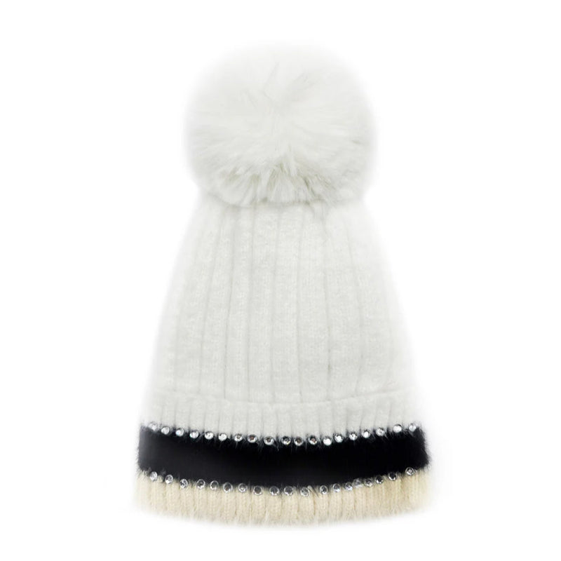 A&B Fashion HT2411-090 Beanie Pom Pom Hat with Colourful Cuff - White