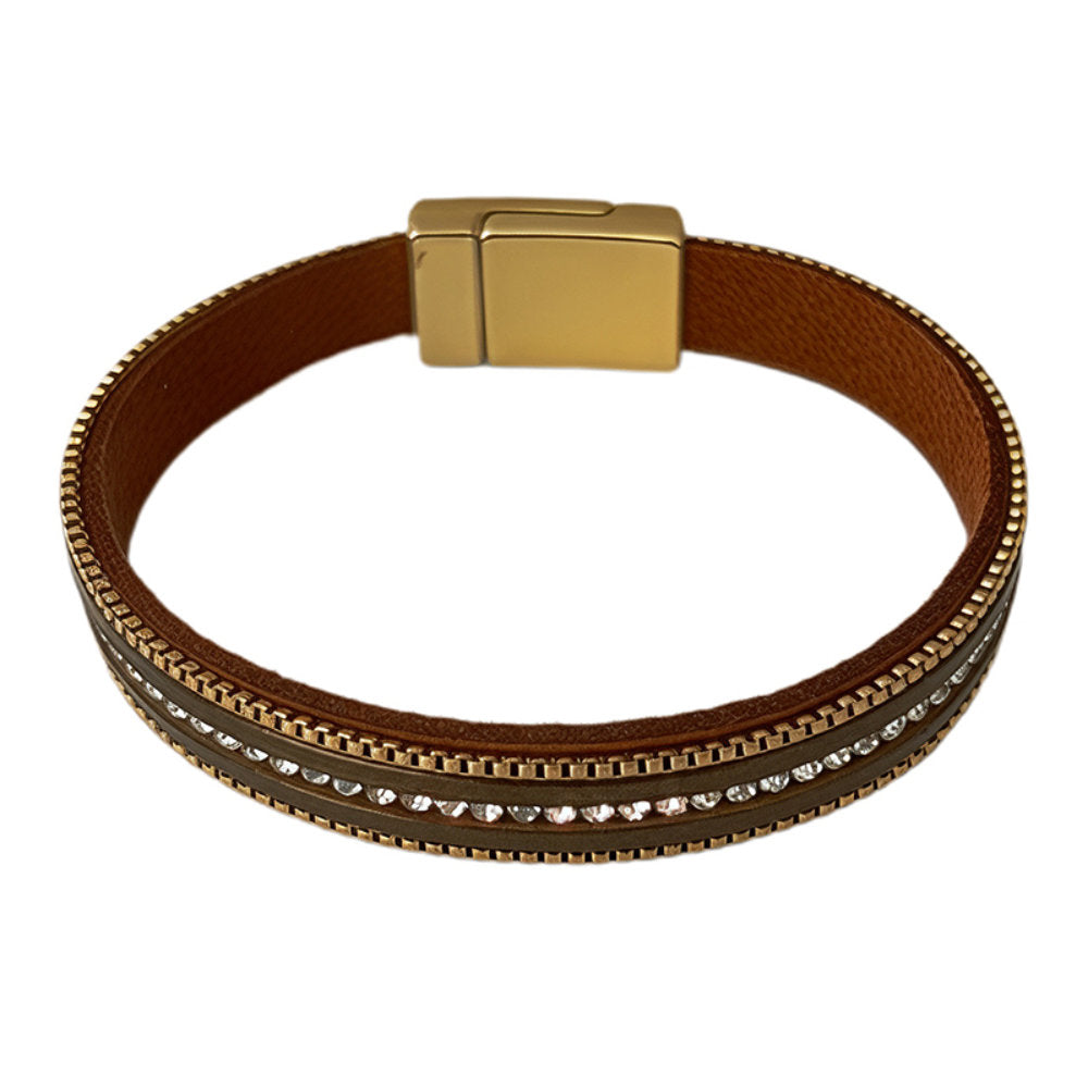 White Leaf Wide Multi Row Magnetic Bracelet In Chocolate & Gold (LBY04C)