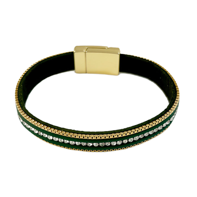 White Leaf Wide Multi Row Magnetic Bracelet In Emerald & Gold (LBY04E)