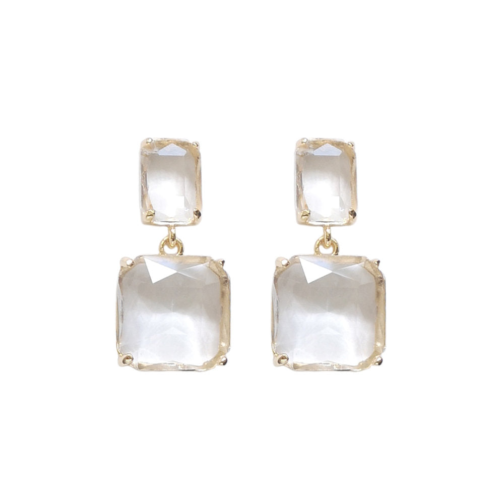White Leaf Linked Faceted Gem Earring Gold With Clear Crystal (LEN09G)