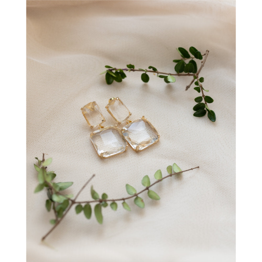 White Leaf Linked Faceted Gem Earring Gold With Clear Crystal (LEN09G)