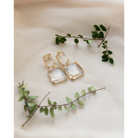 White Leaf Linked Faceted Gem Earring Gold With Clear Crystal (LEN09G)