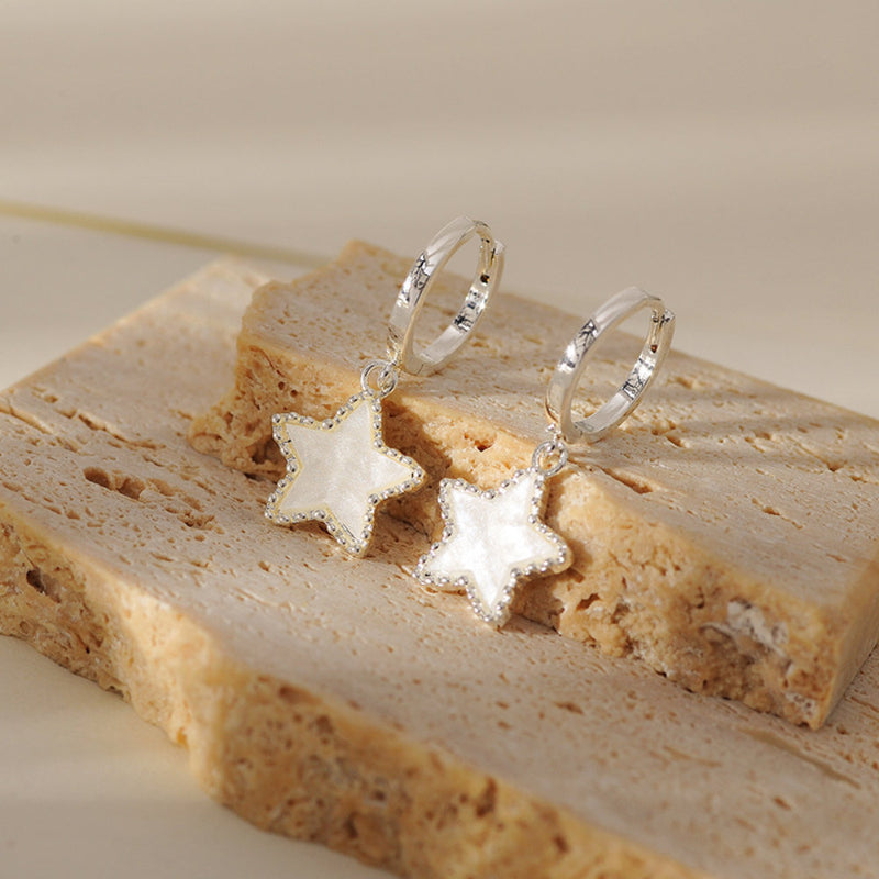 White Leaf Pearlescent Star Pendant Huggie In Silver (LEN21S)