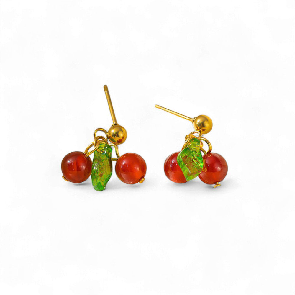 White Leaf Cherry Drop Earrings In Gold (LEN48C)