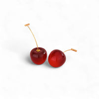 White Leaf Thread Through Cherry Drop Earring In Dark Red (LEN49C)
