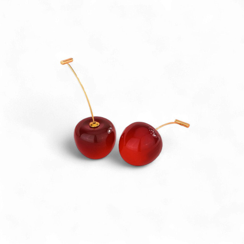 White Leaf Thread Through Cherry Drop Earring In Dark Red (LEN49C)