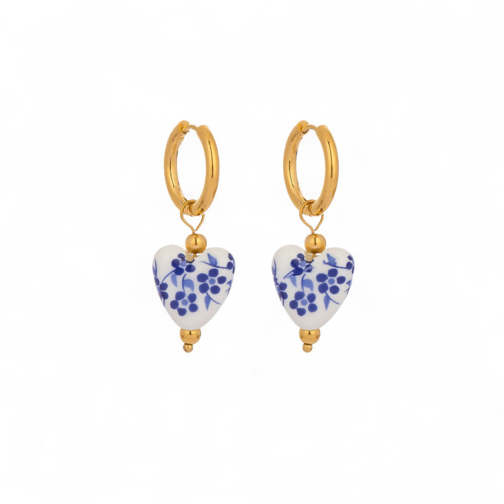 White Leaf Porcelain Flower Print Heart Huggie In White, Blue & Gold (LEN664W)