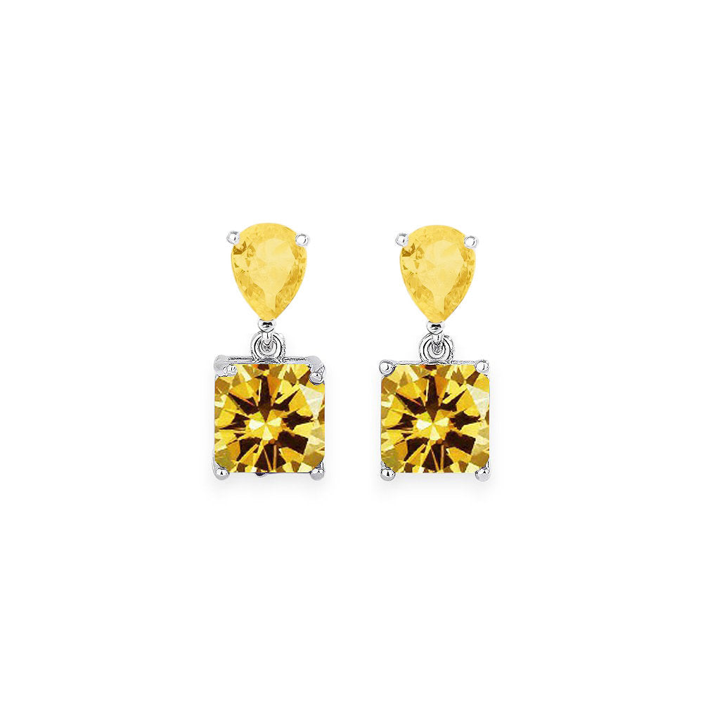 White Leaf Teardrop And Square Gem Drop Earring In Lemon Yellow (LEN700L)