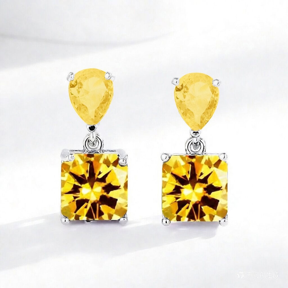 White Leaf Teardrop And Square Gem Drop Earring In Lemon Yellow (LEN700L)