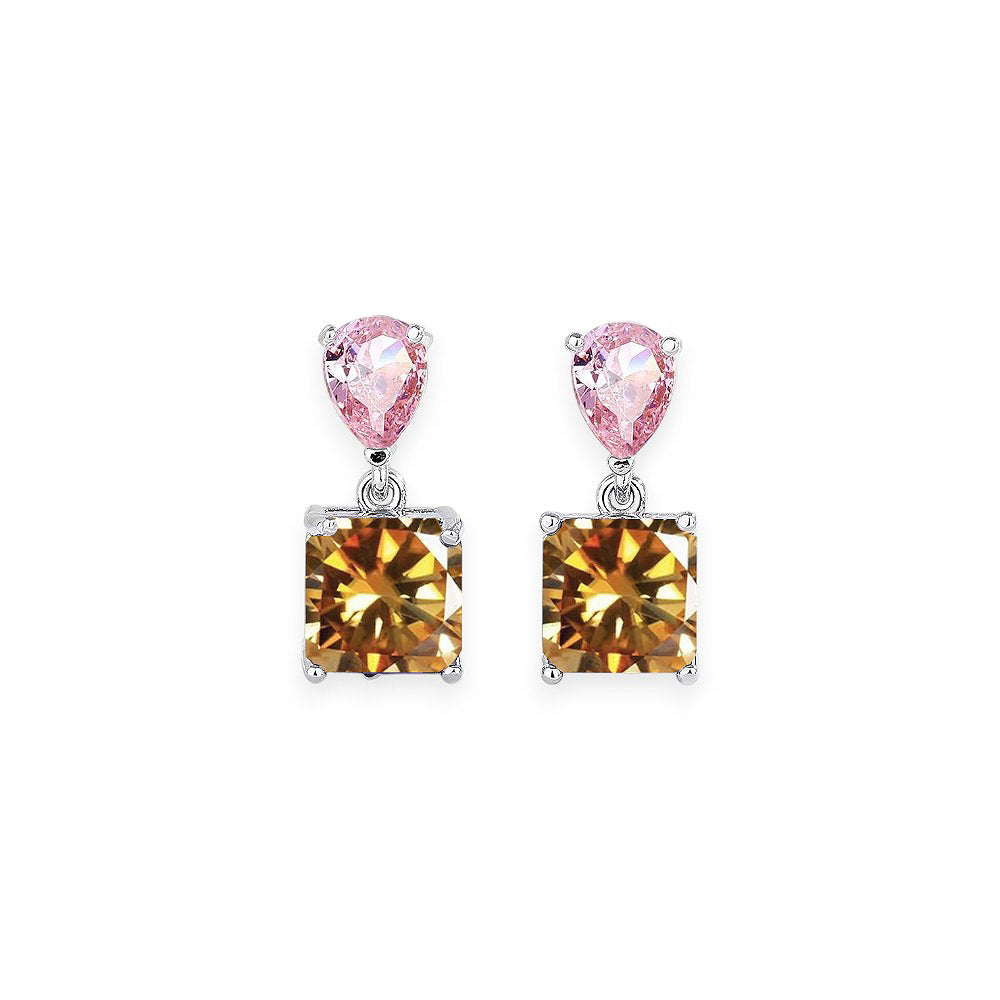 White Leaf Teardrop And Square Gem Drop Earring In Orange And Pink (LEN700O)