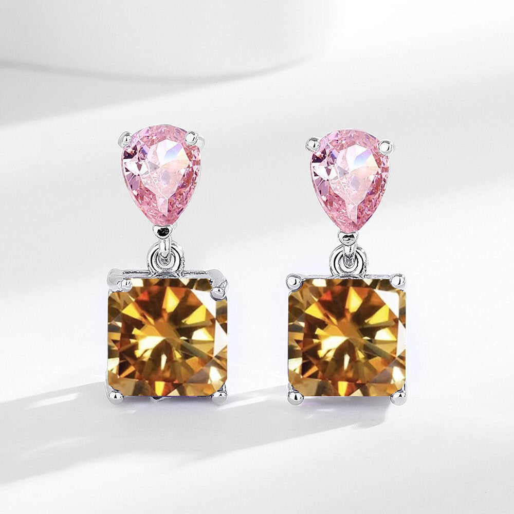White Leaf Teardrop And Square Gem Drop Earring In Orange And Pink (LEN700O)