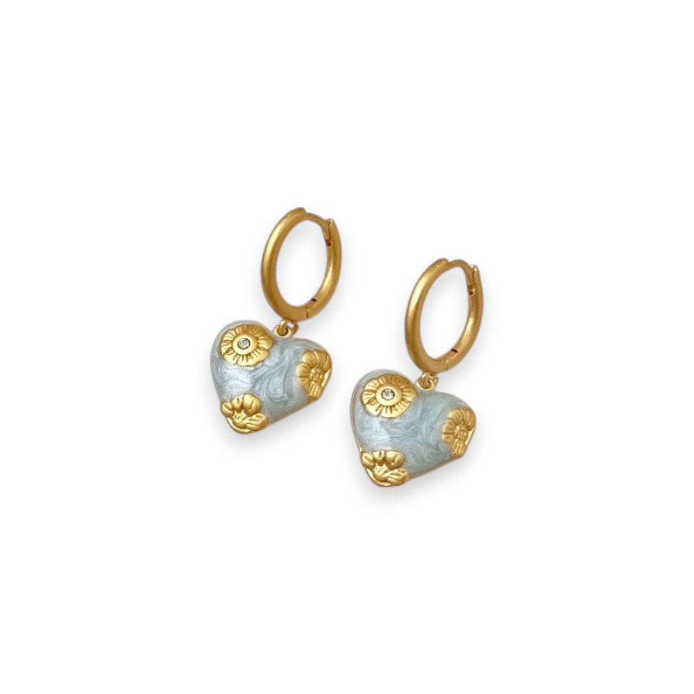 White Leaf Flowered Heart Pendant Earring In Pale Blue & Gold (LEN70B)