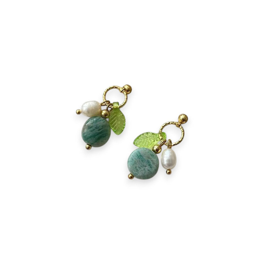 White Leaf Cherry Drop & Pearl Earring In Mint Green & Gold (LEN72M)