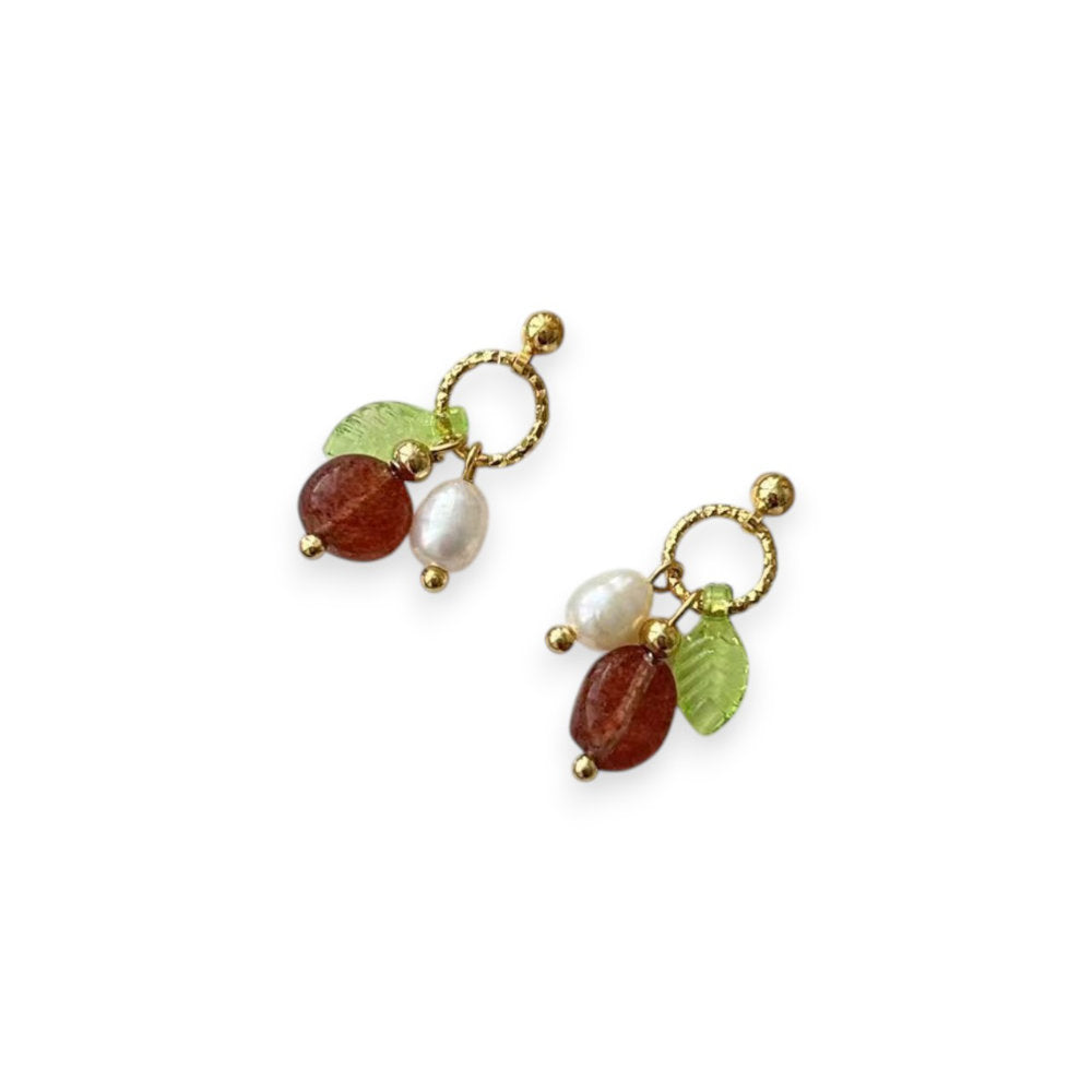 White Leaf Cherry Drop And Pearl Earring In Red, Green & Gold (LEN72R)