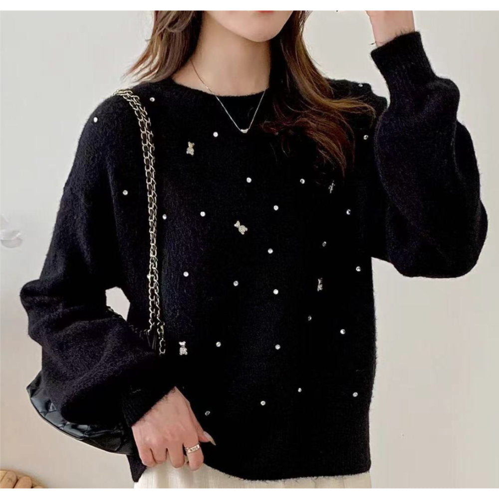 White Leaf Embellished Jumper With Teddy Bear Detail In Black (LGN140B)
