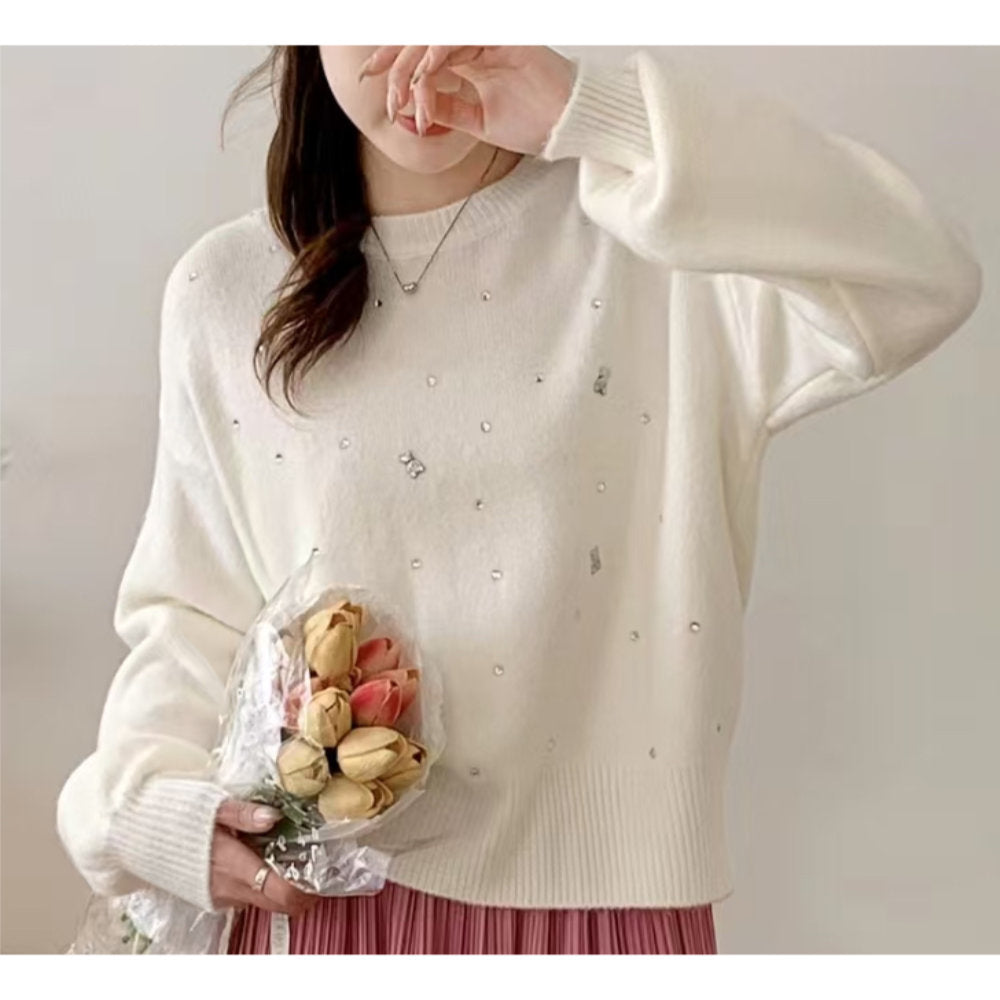 White Leaf Embellished Jumper With Teddy Bear Detail In Cream (LGN140C)