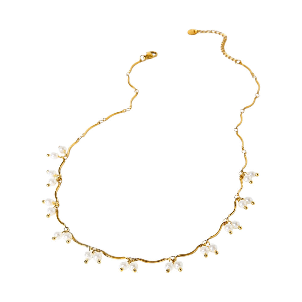 White Leaf Double Pearl Drop Necklace With Curved Links In Gold (LNN46G)