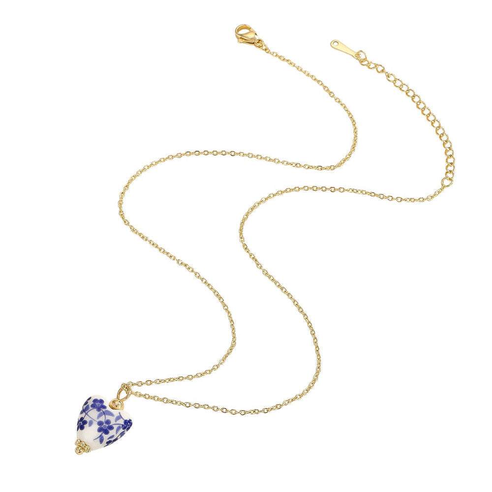 White Leaf Porcelain Print Heart Necklace In White, Blue & Gold (LNN634W)