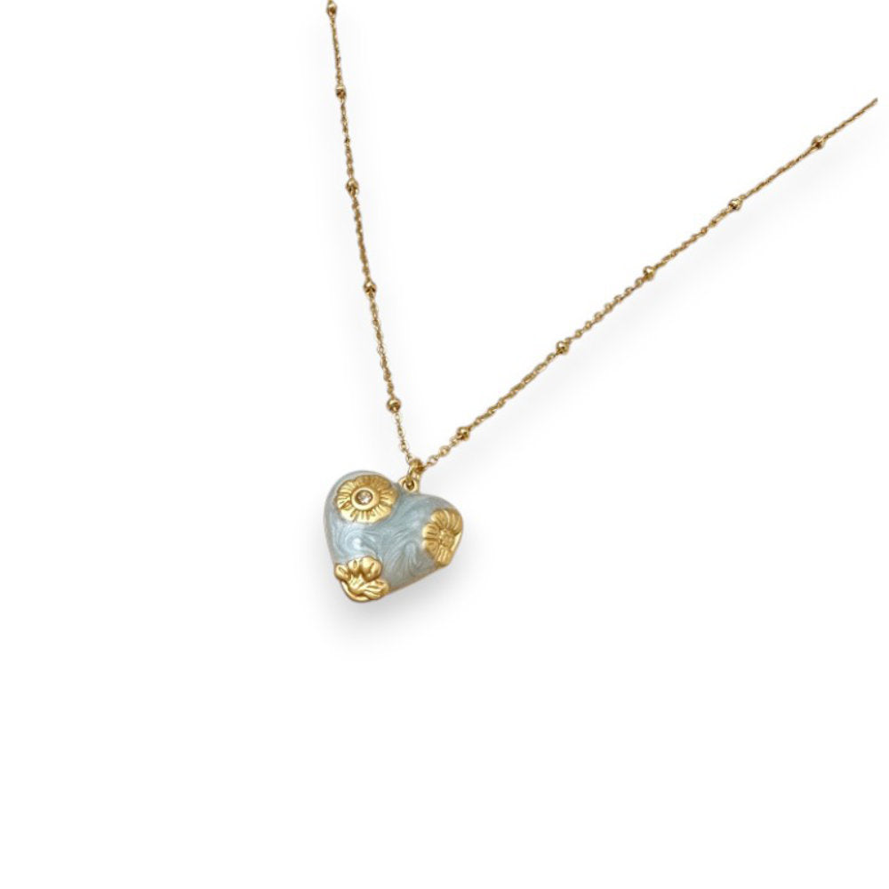 White Leaf Flowered Heart Pendant Necklace In Pale Blue & Gold (LNN70B)