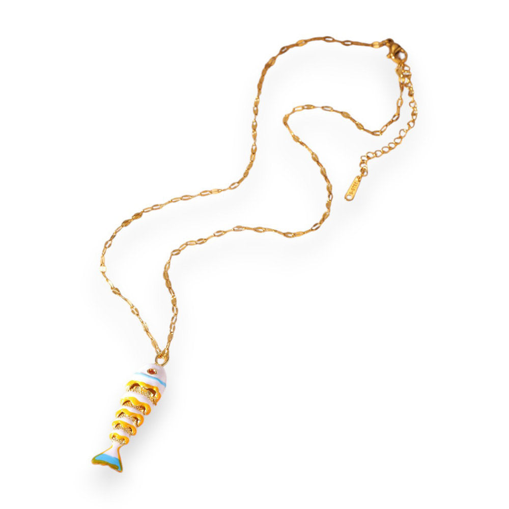 White Leaf Articulated Fish Necklace In White & Gold (LNN77W)