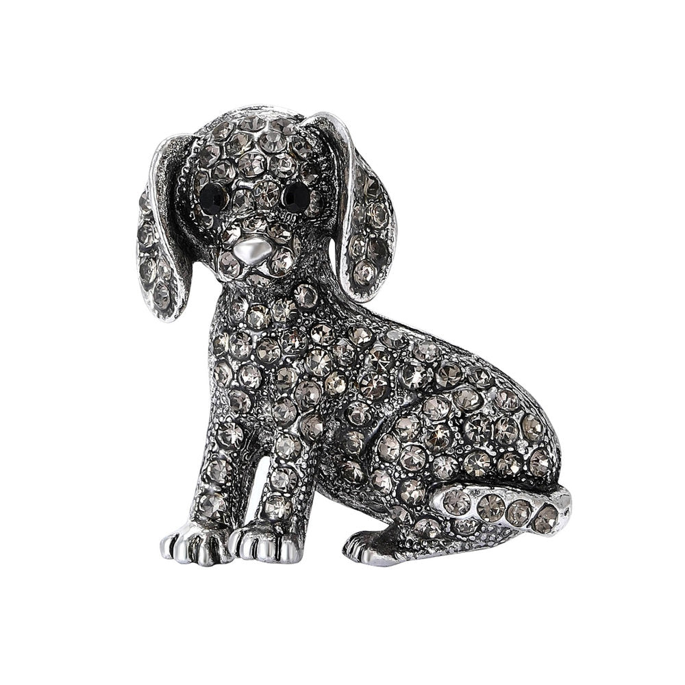 White Leaf Embellished Puppy Brooch In Smoke & Silver (LPN35S)