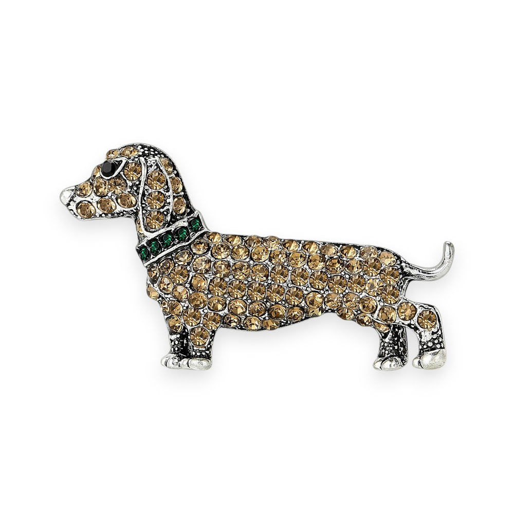 White Leaf Cubic Zirconia Dachshund Brooch In Brown & Silver (LPN64B)