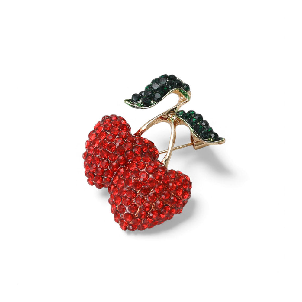 White Leaf Double Cherry Rhinestone Brooch In Red & Gold (LPQ244C)