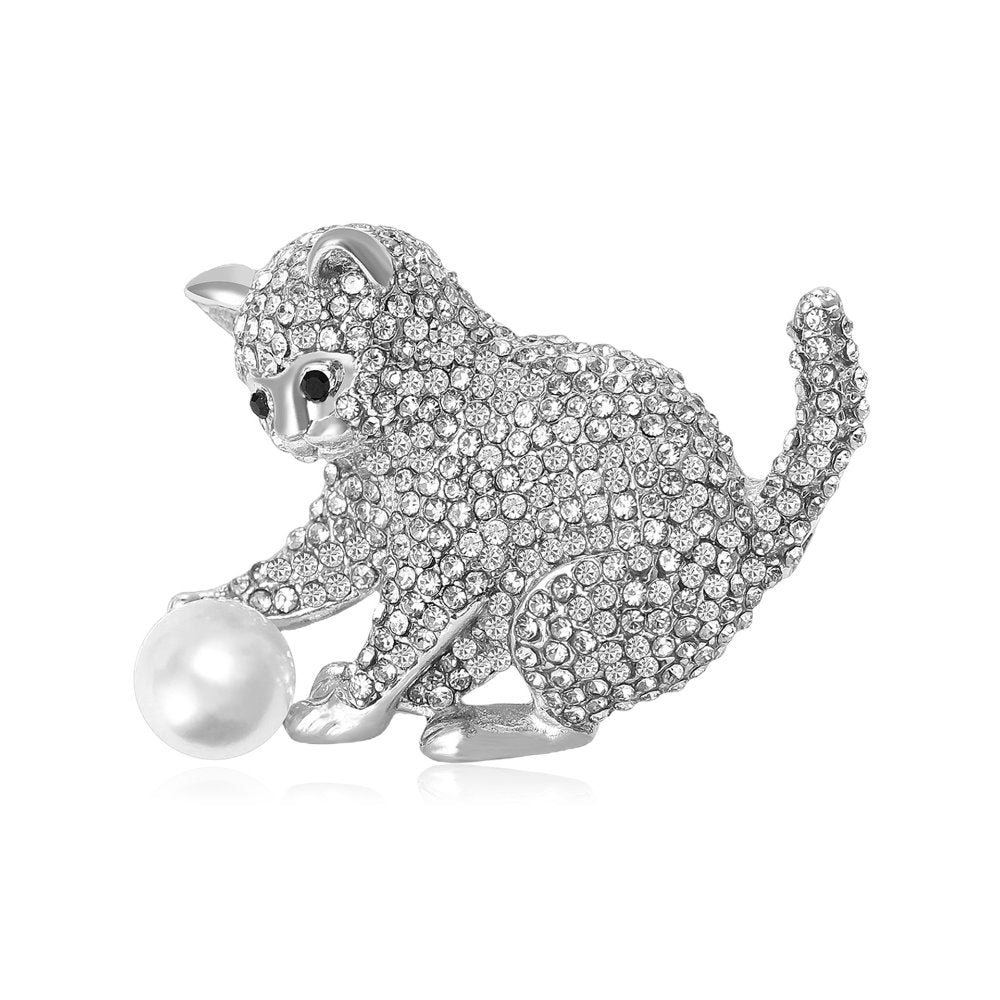 White Leaf Embellished Kitten And Pearl Brooch In Silver (LPQ254S)
