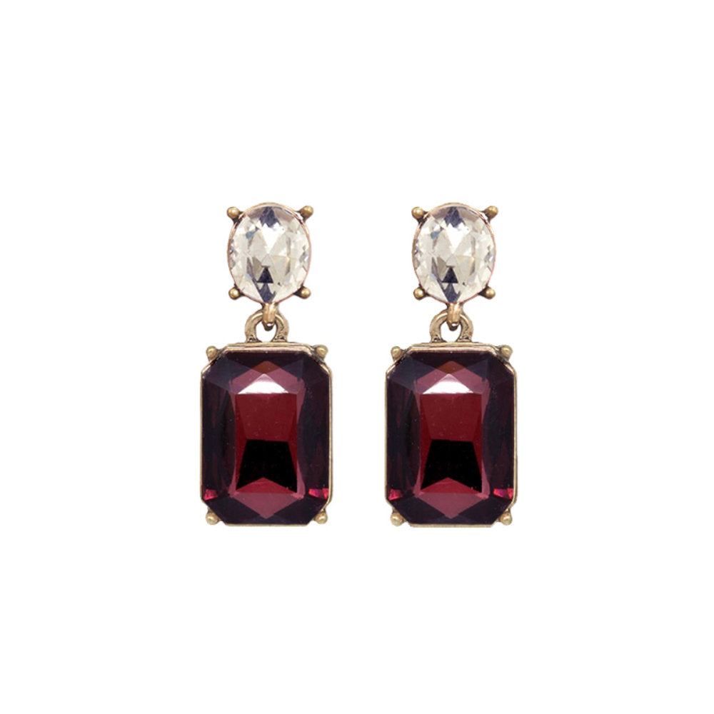 White Leaf Oval Twin Gem Post Earring Burgundy & Clear (LTE09BC)