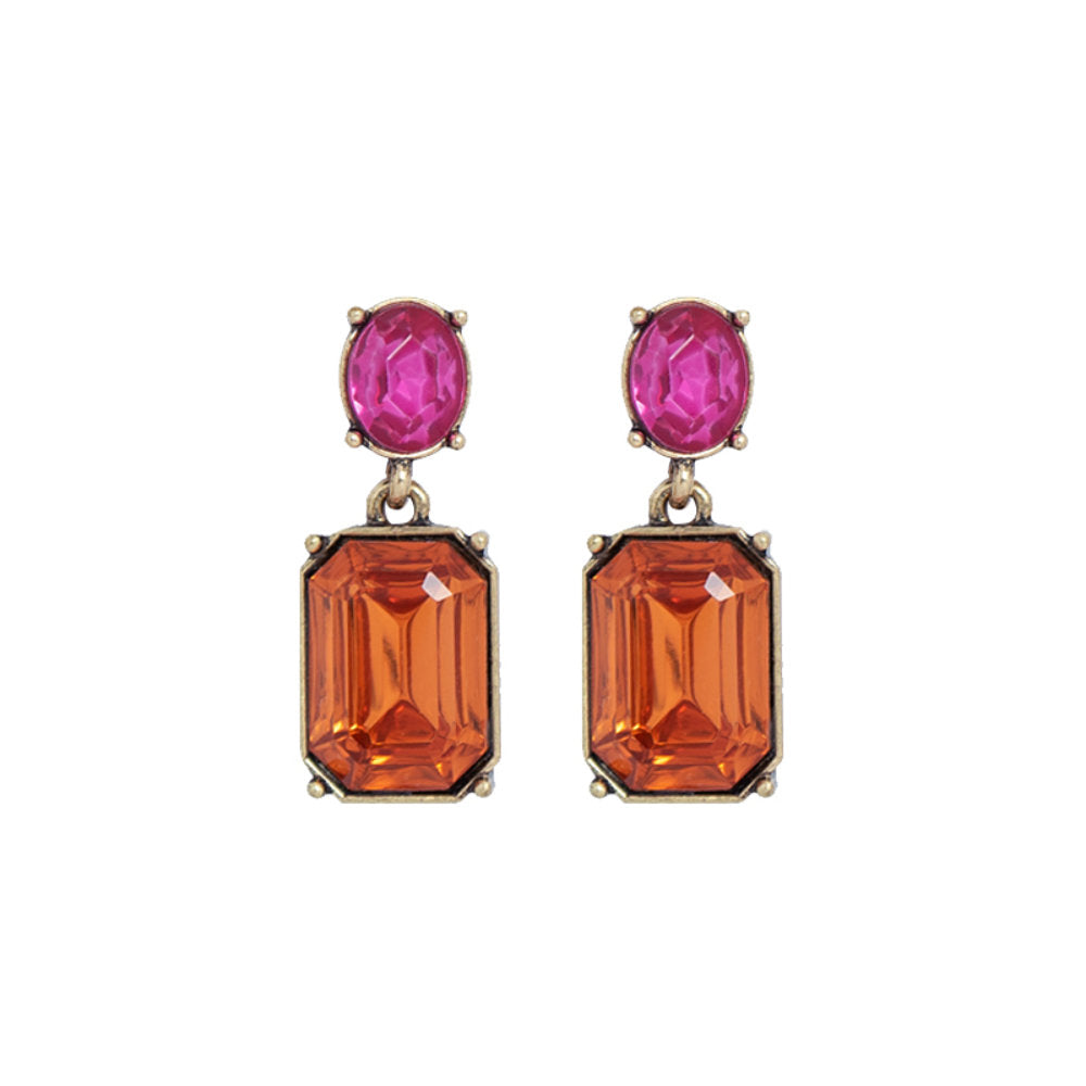 White Leaf Oval Twin Gem Post Earring In Burnt Orange & Pink (LTE09BOP)