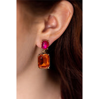 White Leaf Oval Twin Gem Post Earring In Burnt Orange & Pink (LTE09BOP)