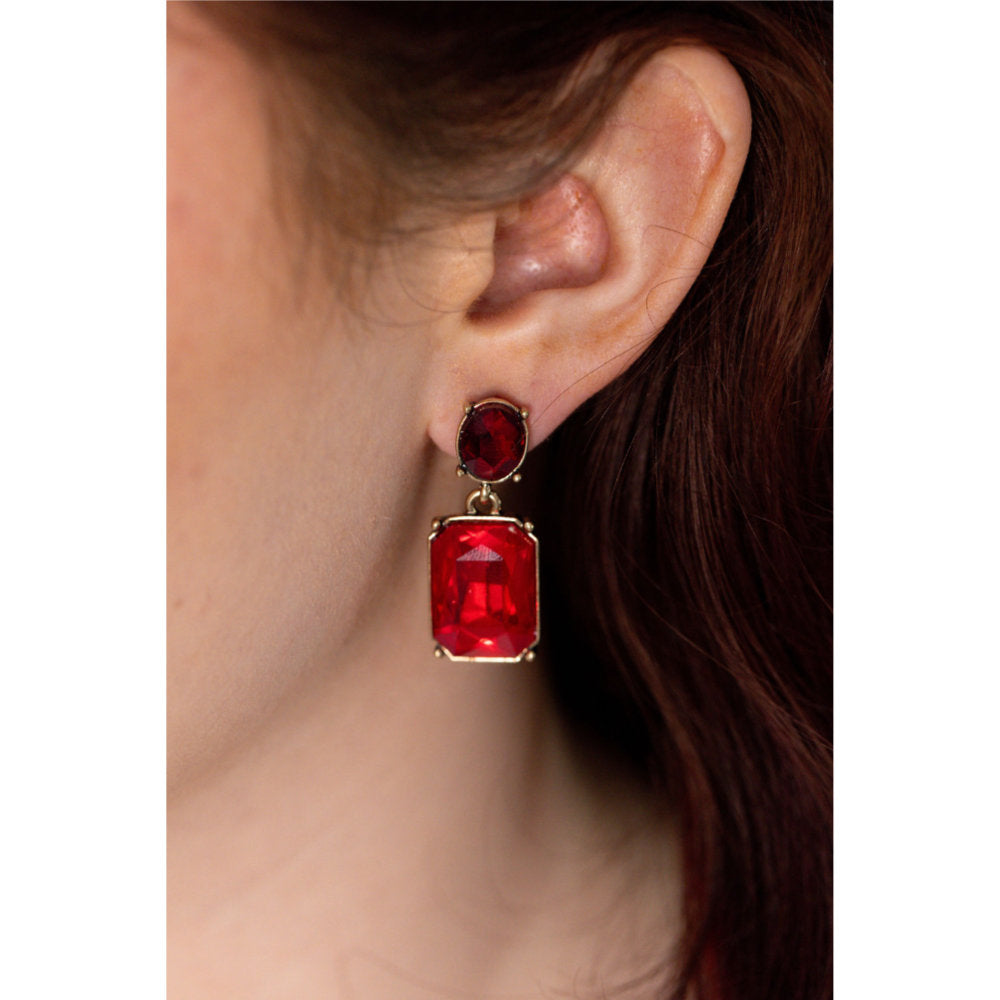 White Leaf Oval Twin Gem Post Earring In Fire Red (LTE09F)