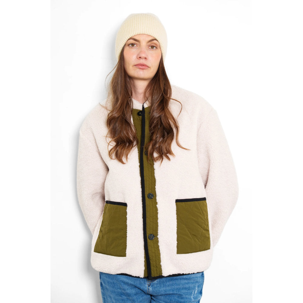 MSH Clothing Connie Reversible Jacket - Khaki/Cream Borg